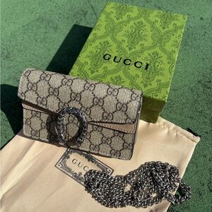 Gucci Beige Monogram Clutch with Silver Chain Crossbody